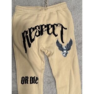ROKU STUDIO Tan "Respect Or Die" Skull Wings Graphic Sweatpants Size L‎